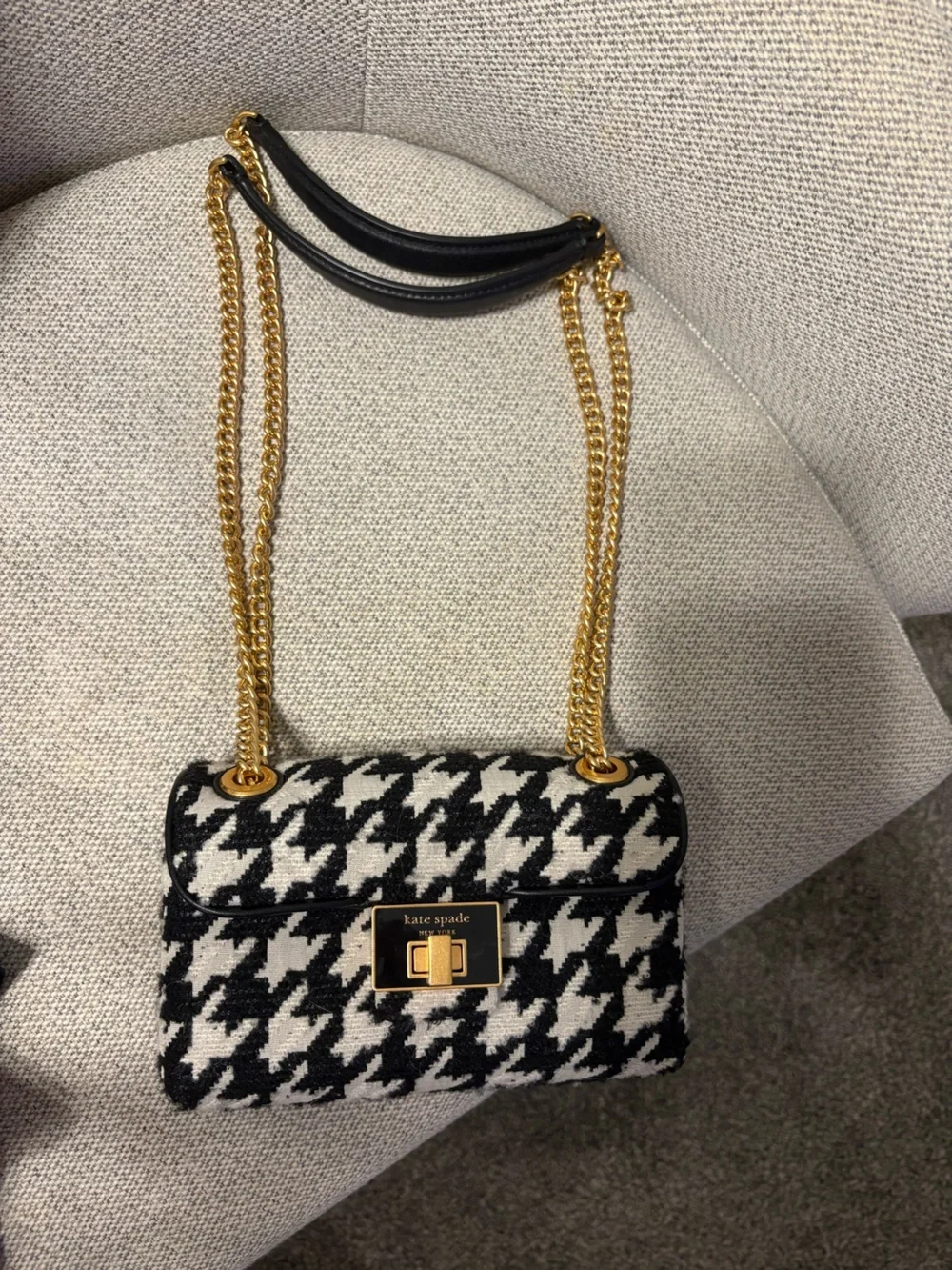 kate spade Black & White Houndstooth Chain Shoulder Bag with Gold Hardware
